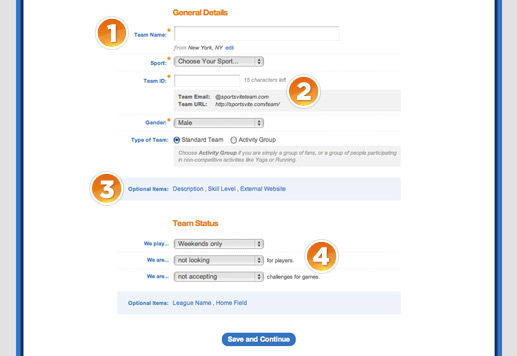 Creating a team on Sportsvite